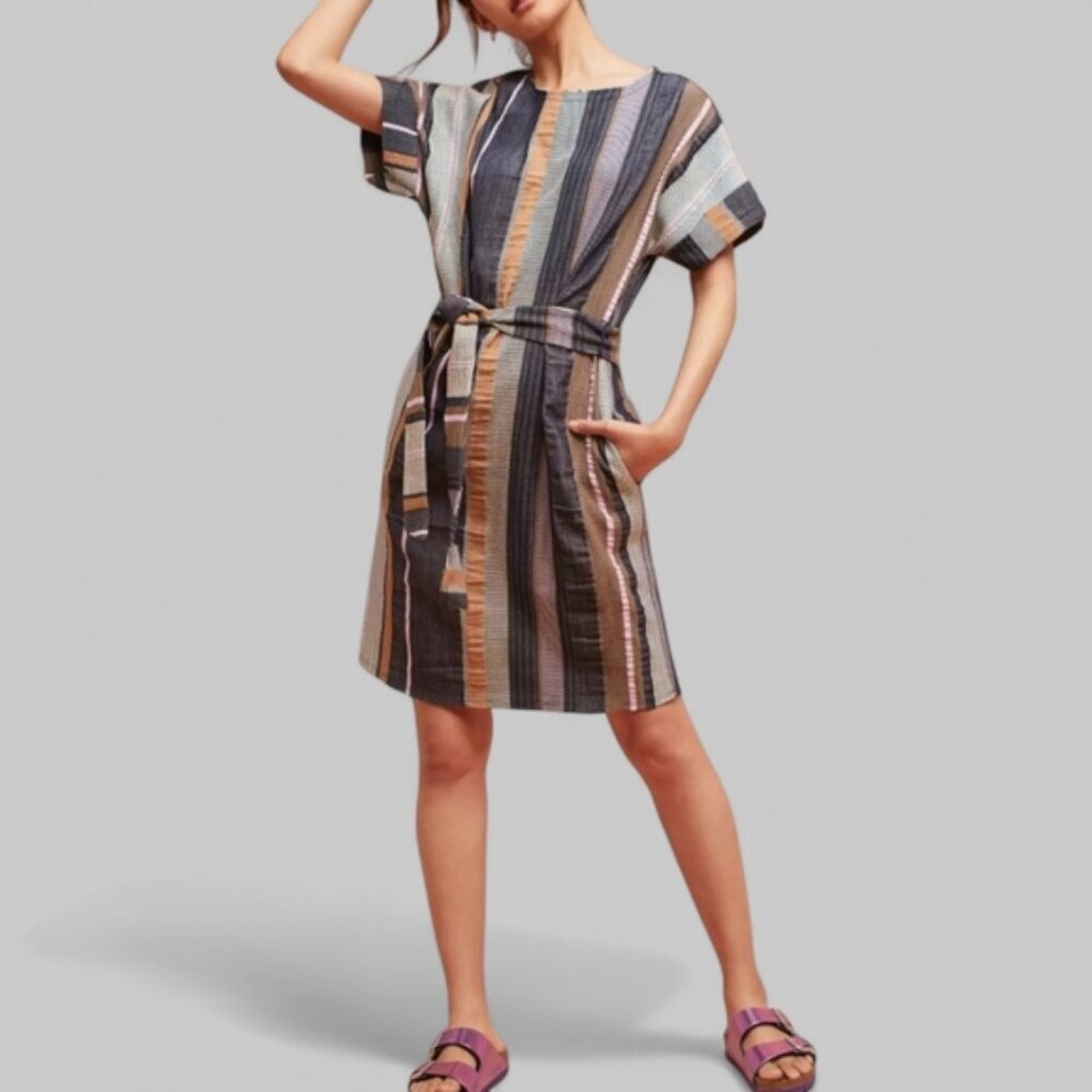 Anthropologie Striped Multicolor Dress With Tie Waist Belt